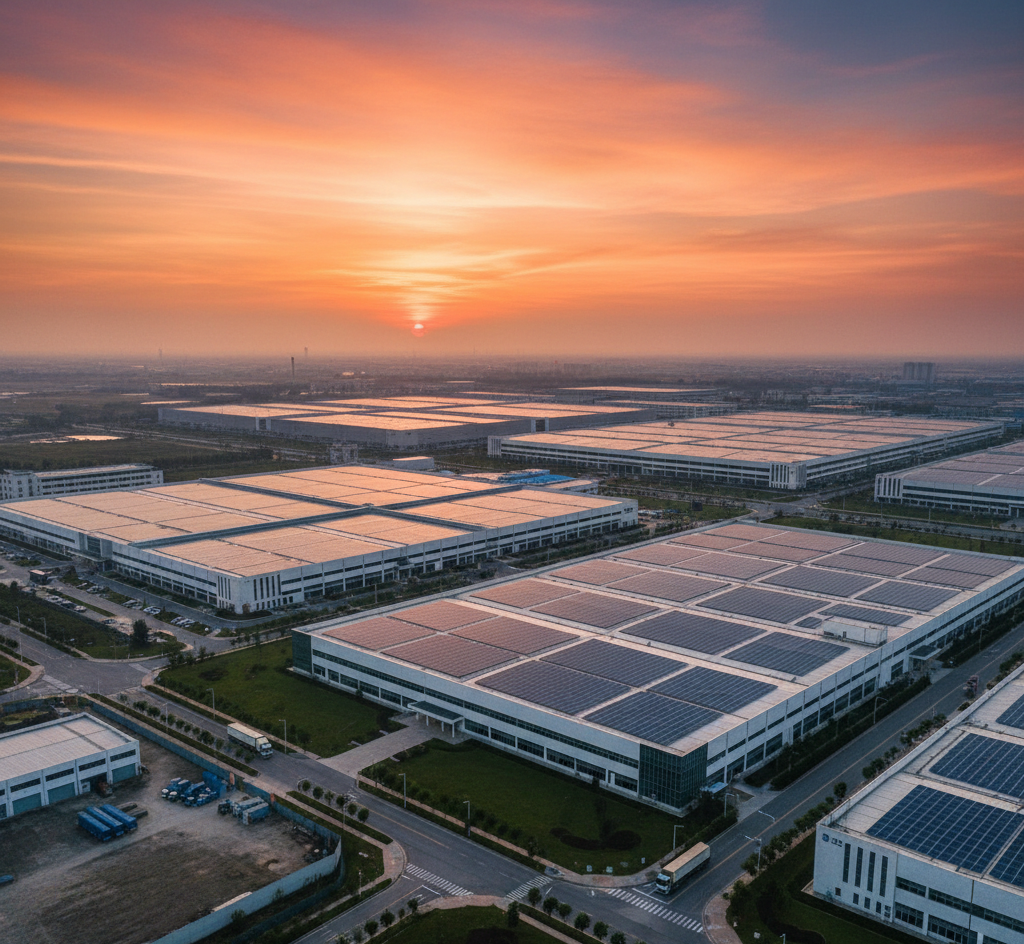 Aerial view of a clean, organized textile industrial park at sunset.
