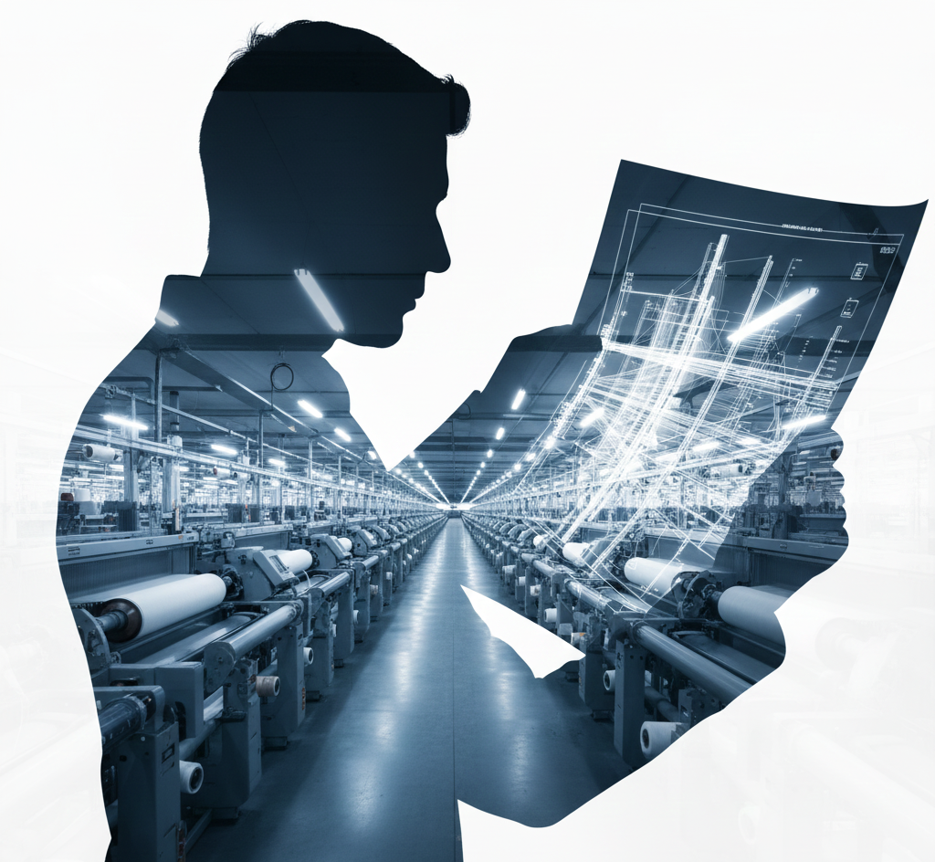 Double exposure image of a person looking at a blueprint, overlaid with a modern textile weaving hall.