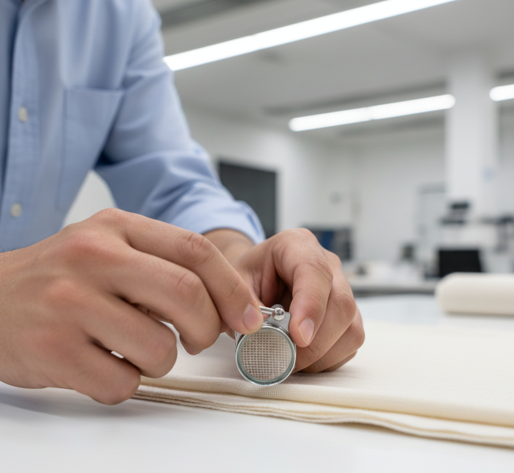 A professional textile engineer using a thread-counting glass to inspect a raw fabric sample.