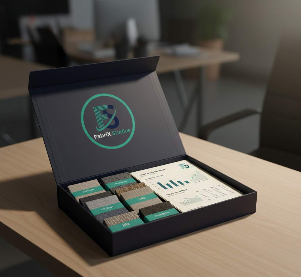 A neatly packaged FabriX 'Sample Box' with fabric swatches.