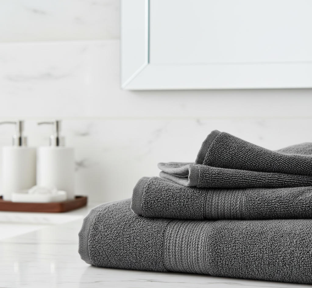 A stack of thick, textured charcoal towels.