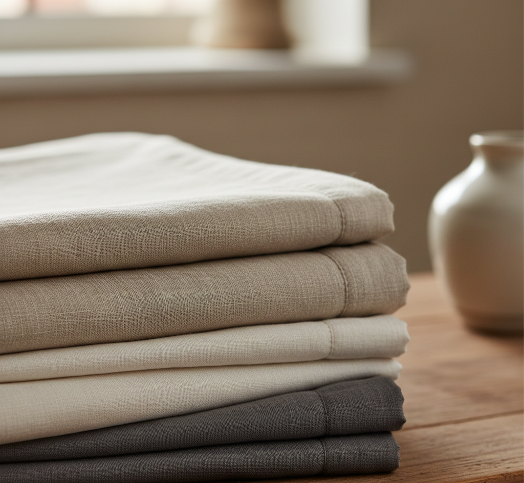 Close-up of folded linen sheets.