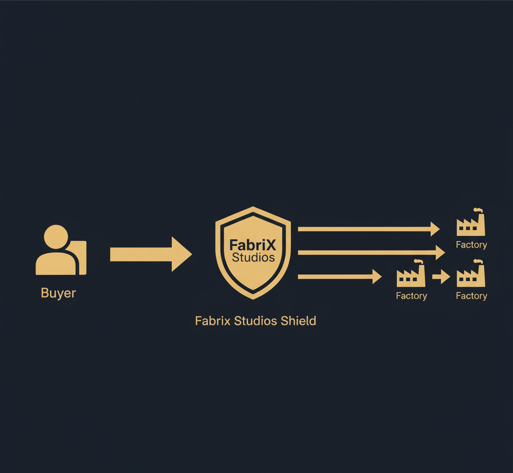 Diagram showing a buyer connected to a FabriX Shield icon, which then branches out to multiple factory silhouettes.