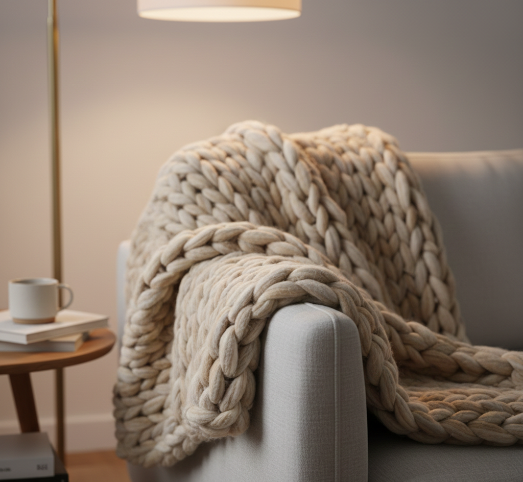 A hand-woven throw blanket over a sofa arm.
