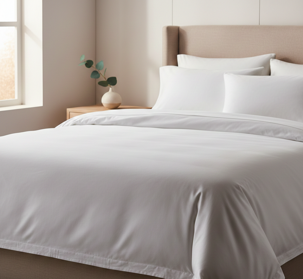 Cinematic shot of premium white cotton bedding with a visible sateen weave texture.