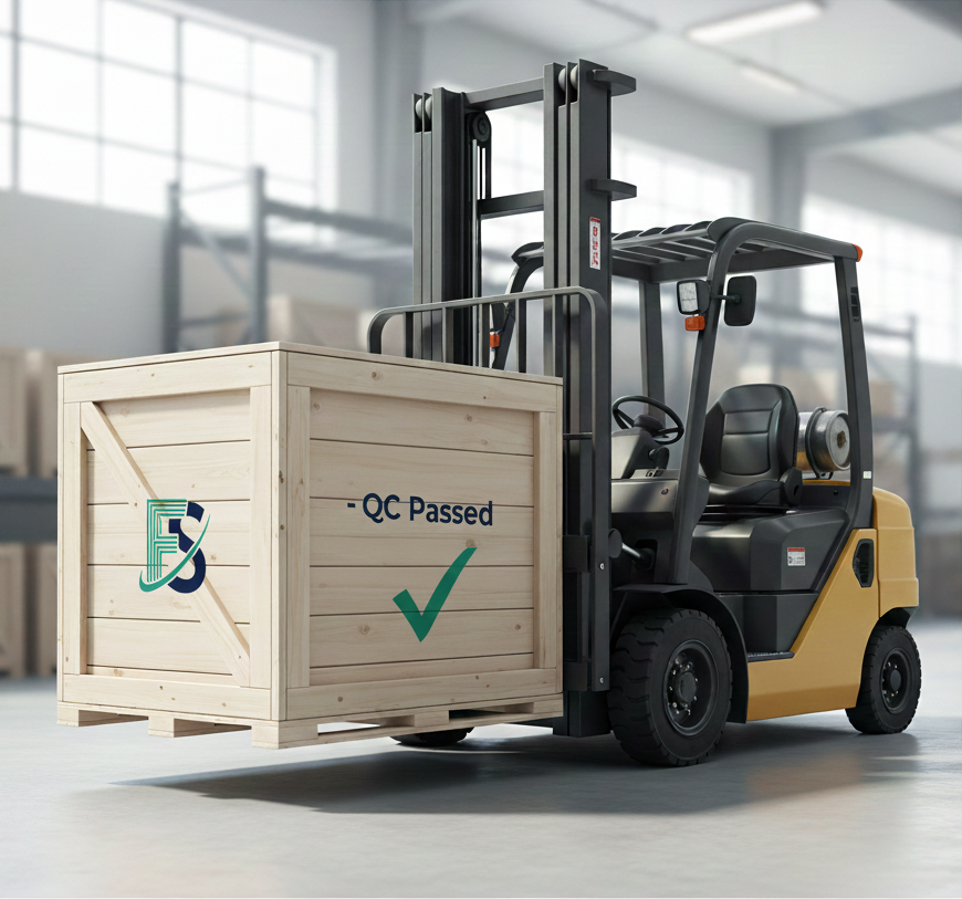 A clean shipping dock with a crate labeled 'FabriX Studios - QC Passed'.