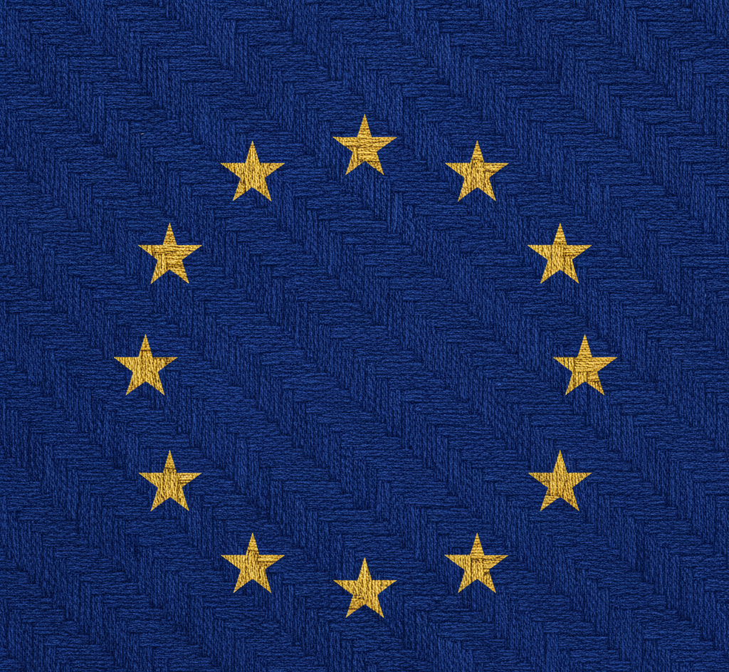 A stylized graphic of the EU flag emblem blending into a textile weave pattern.