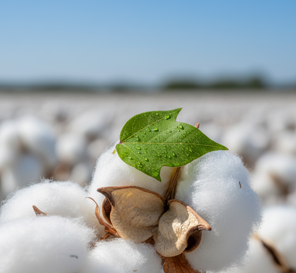 A green leaf resting on a raw cotton boll.